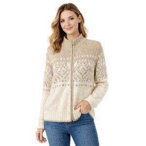St. John's Bay Tan/Cream Snowflake Full-Zip Sweater Cardigan Size Petite X-Large